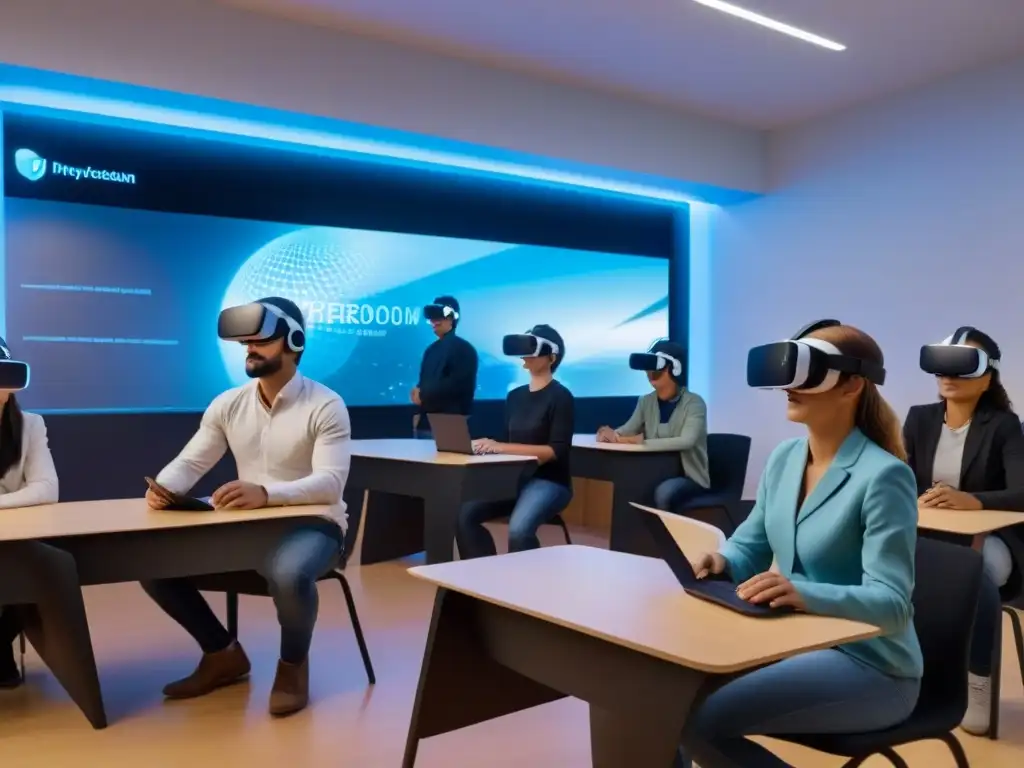 Estudiantes usando tecnologías educativas en Uruguay en un aula futurista con realidad virtual