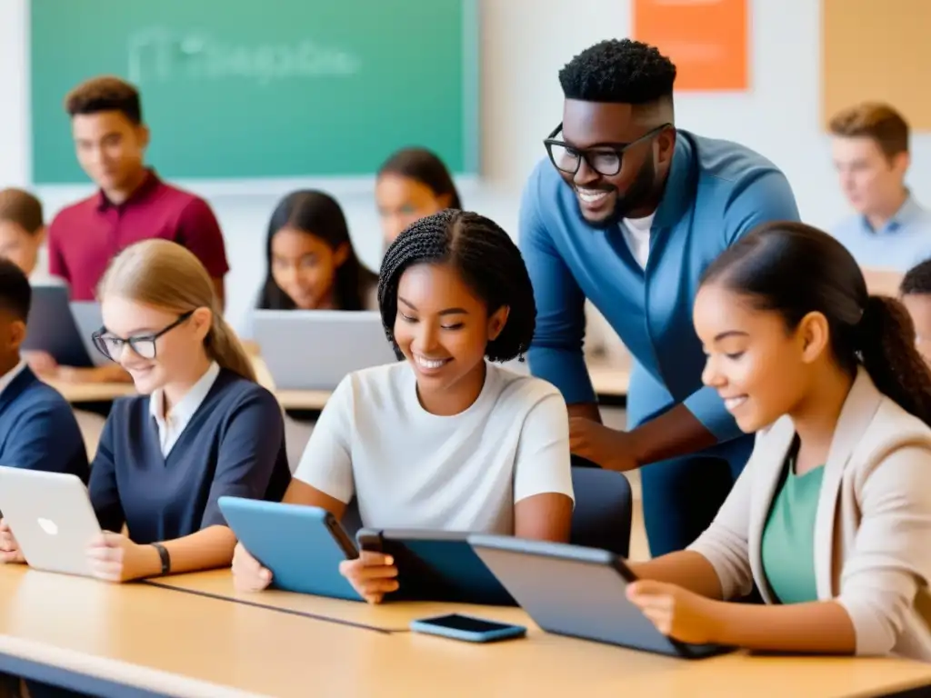 Estudiantes diversos interactúan con tecnologías educativas en Uruguay, mostrando entusiasmo y colaboración en aula moderna