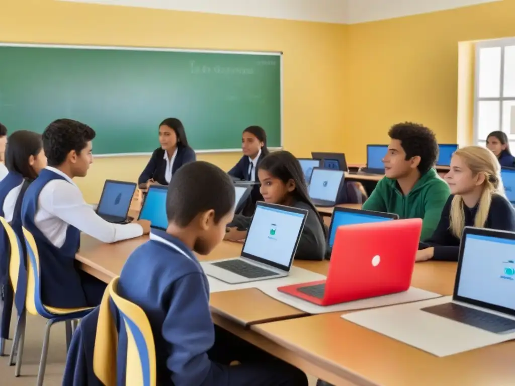 Estudiantes colaborando con tecnologías educativas globales en Uruguay