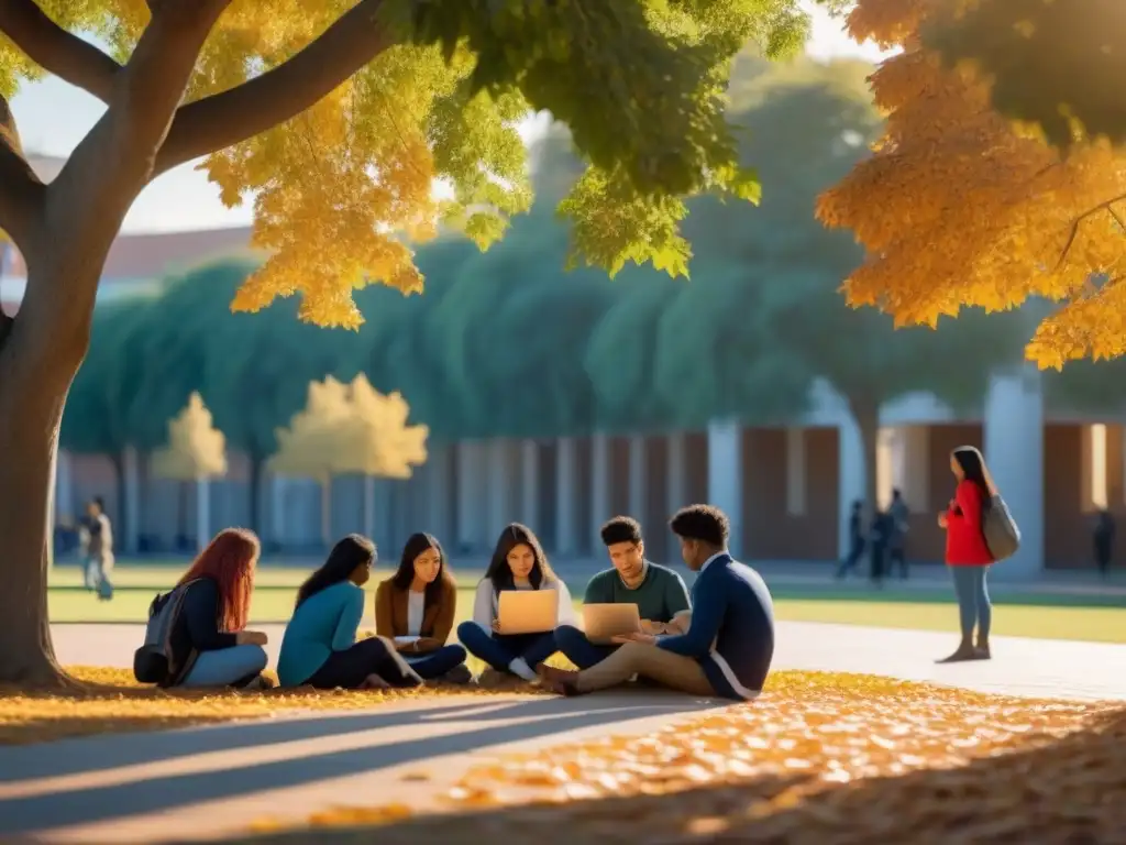 Estudiantes diversos estudian unidos bajo un árbol al atardecer en un campus universitario