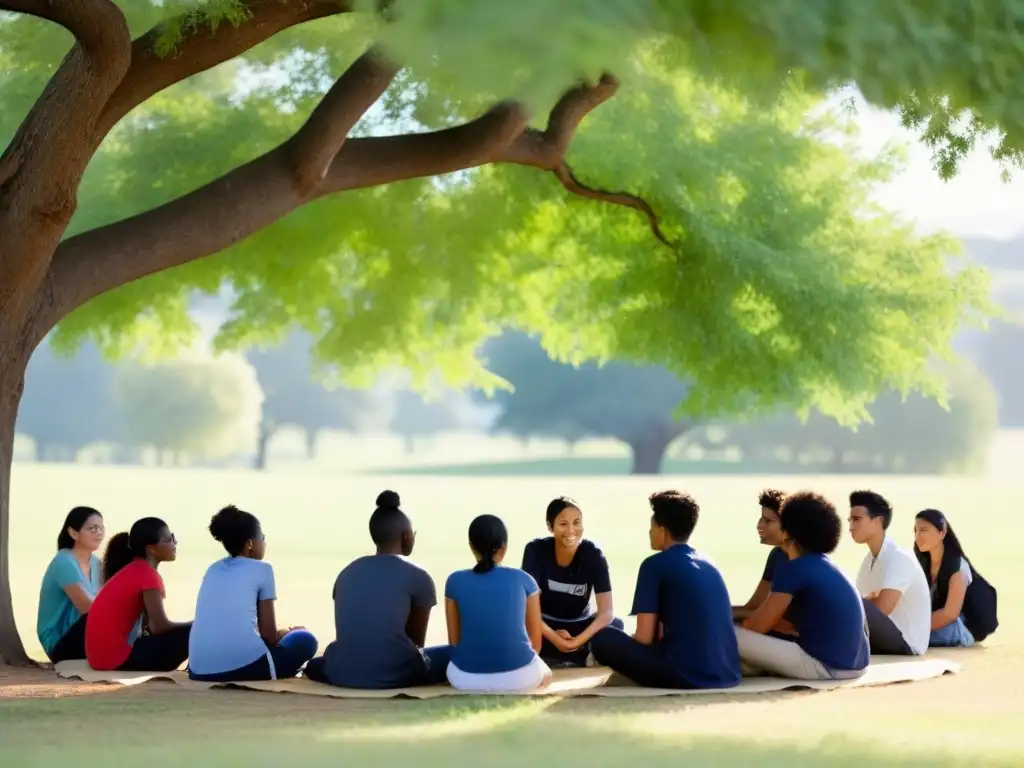 Estudiantes diversos discuten unidos bajo un árbol en un entorno rural, fomentando la educación en zonas desfavorecidas Uruguay