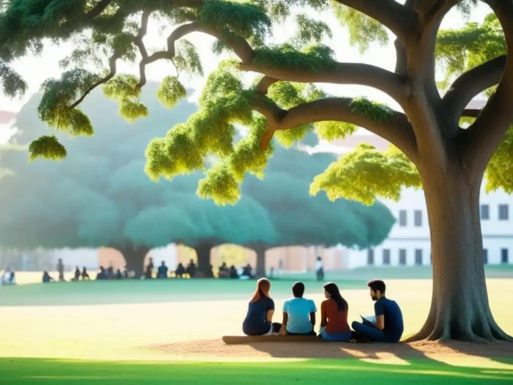 Estudiantes diversos estudian unidos bajo un árbol en la universidad en Uruguay, reflejando políticas de bienestar estudiantil