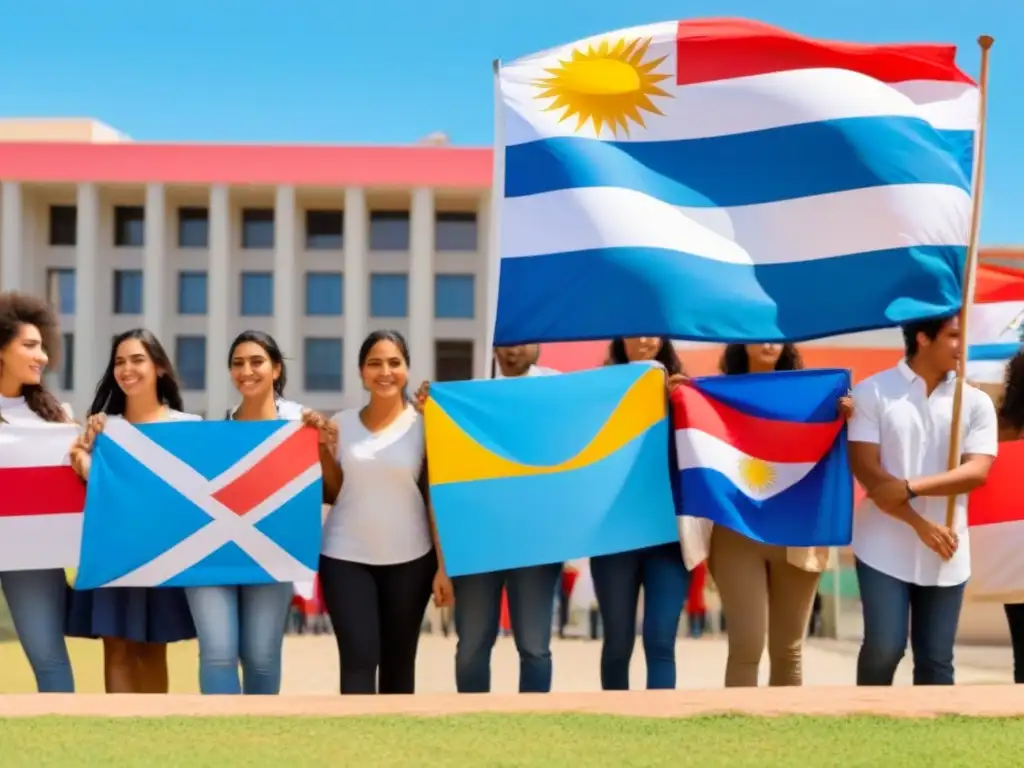 Estudiantes unidos por movimientos estudiantiles reforma educativa Uruguay, frente a institución educativa y bandera uruguaya ondeando