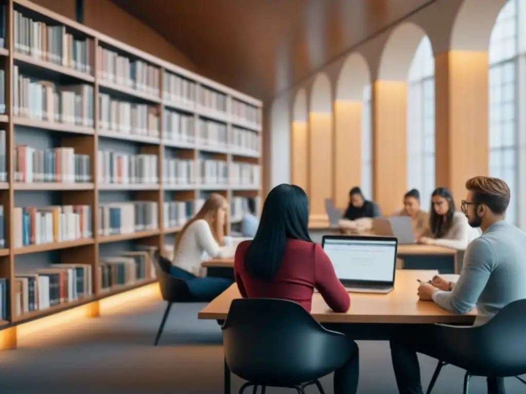 Estudiantes diversos preparándose para la universidad sin endeudarse en una biblioteca moderna y luminosa