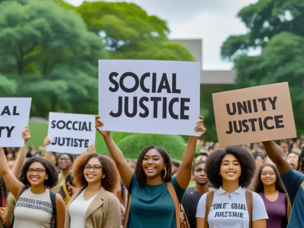 Estudiantes universitarios diversos se unen en protesta pacífica por justicia social frente a edificio universitario