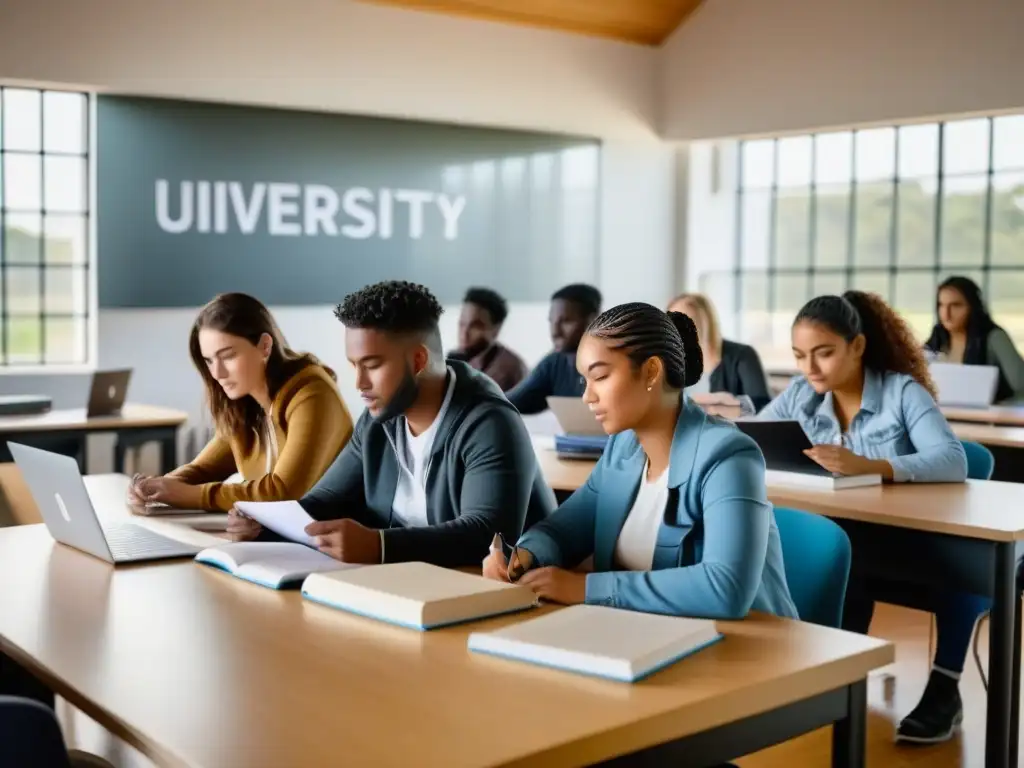 Estudiantes universitarios estudian juntos en aula minimalista en Uruguay, resaltando políticas lingüísticas educación superior