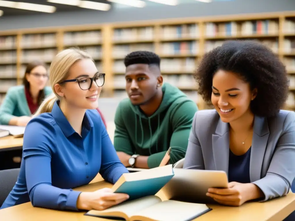 Estudiantes universitarios colaborando en una sesión de estudio en biblioteca moderna