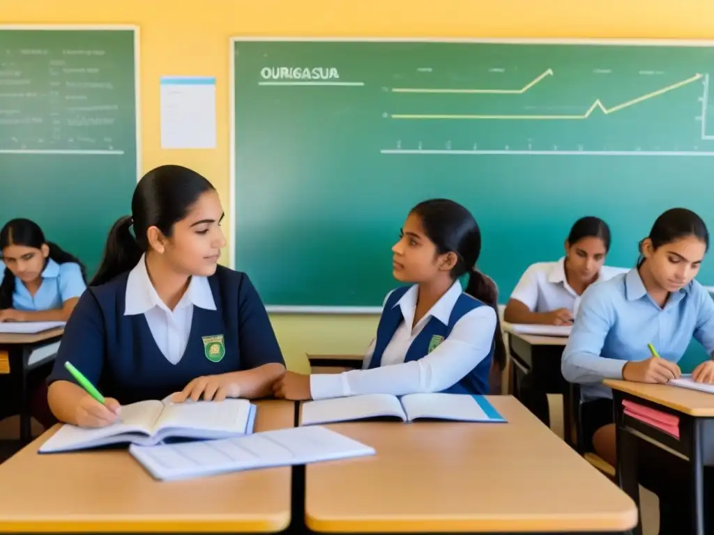 Estudiantes uruguayos participan en actividad financiera en aula, integrando educación financiera en currículo escolar