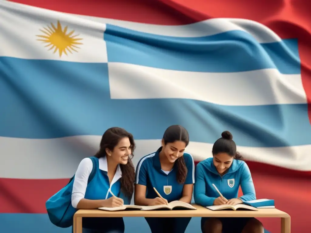 Estudiantes uruguayos disfrutan de actividades educativas y de bienestar frente a la bandera nacional