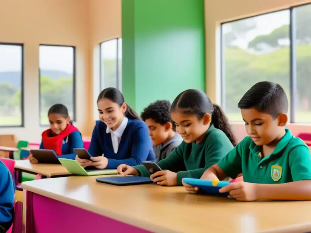 Estudiantes uruguayos usando apps educativas en aula moderna y colorida