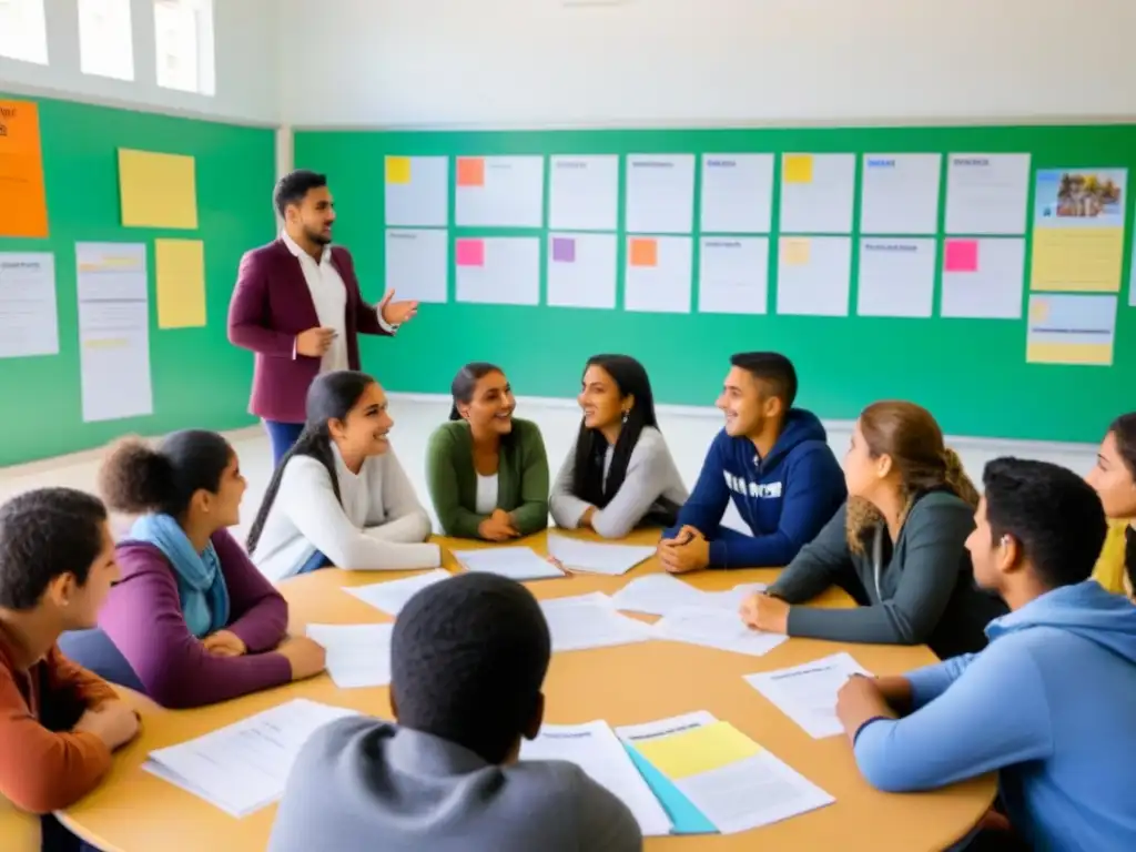 Estudiantes uruguayos participando en aprendizaje colaborativo en un aula luminosa y colorida