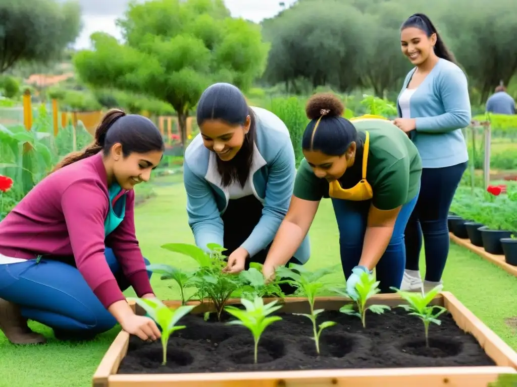 Estudiantes uruguayos realizando Aprendizaje Servicio en Uruguay en un jardín comunitario, plantando árboles y cultivando la tierra