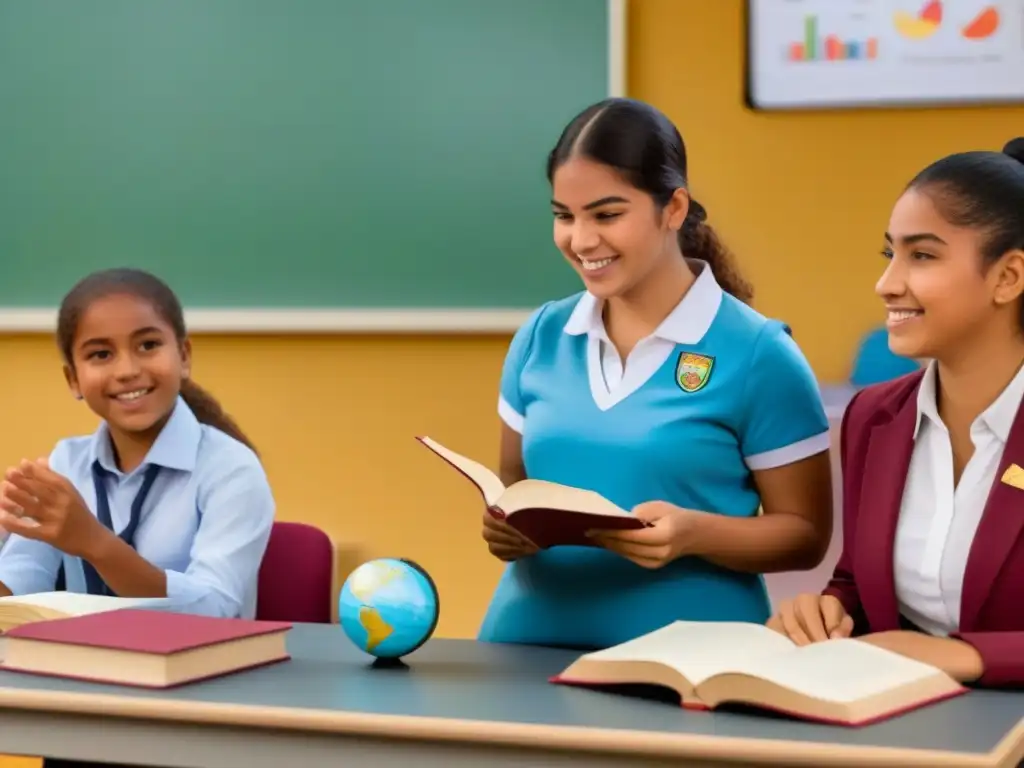 Diversos estudiantes uruguayos con atuendos tradicionales dialogan en aula moderna