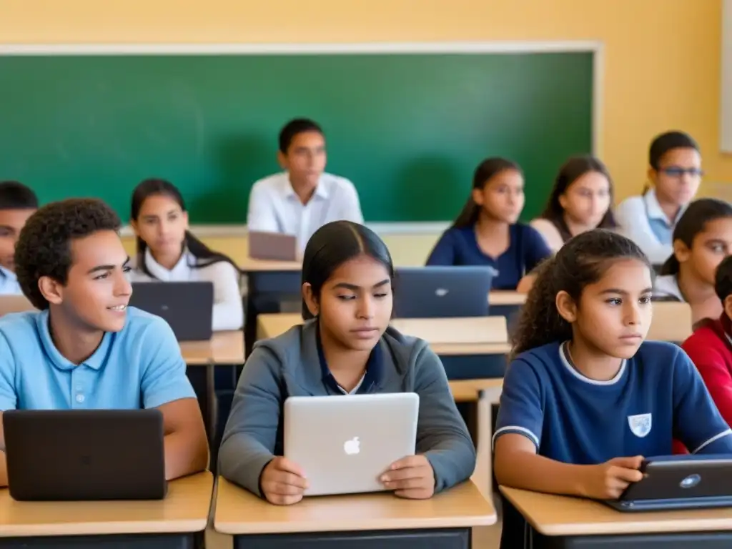 Estudiantes uruguayos en aula reflejando desigualdad digital en educación