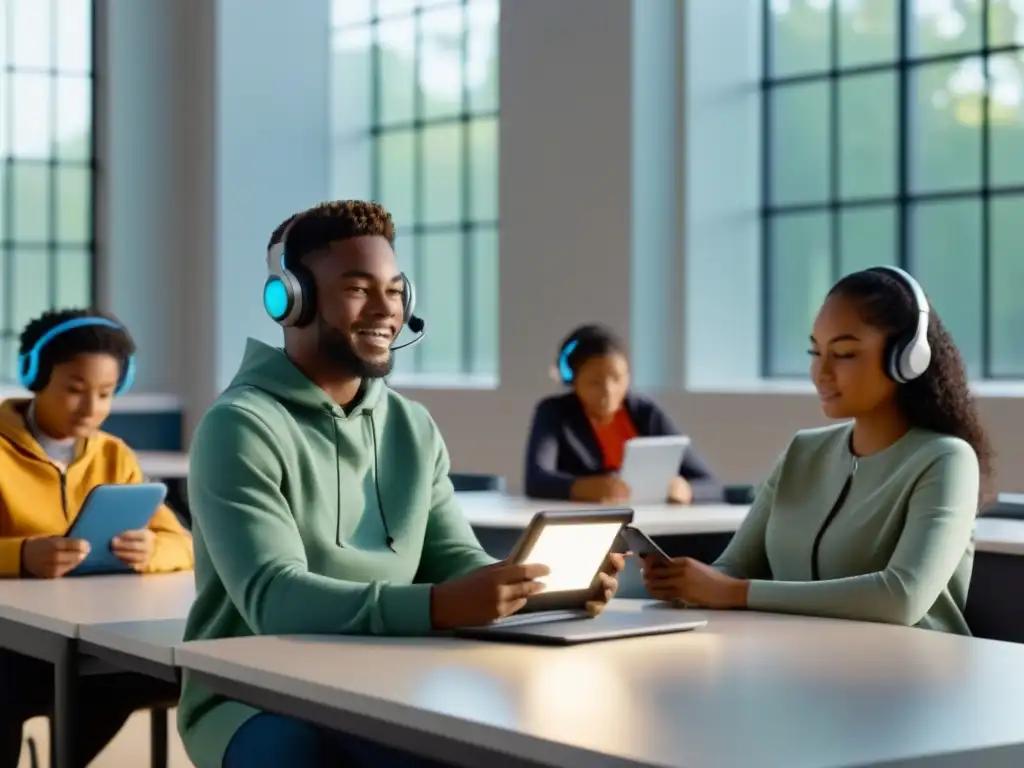 Clase del futuro: estudiantes diversos escuchando podcasts educativos en dispositivos modernos, en un ambiente innovador y colaborativo Estudiantes uruguayos en aula futurista escuchando podcasts educativos en Uruguay