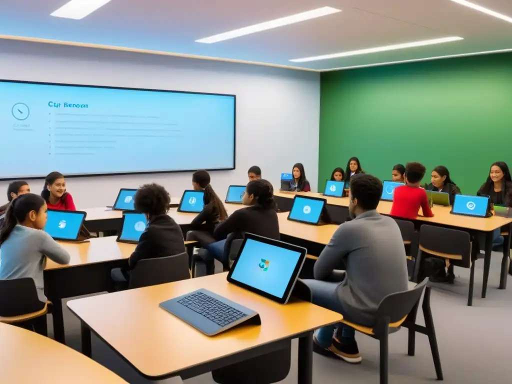 Clase futurista en Uruguay: aprendizaje personalizado con IA Estudiantes uruguayos en aula futurista con IA