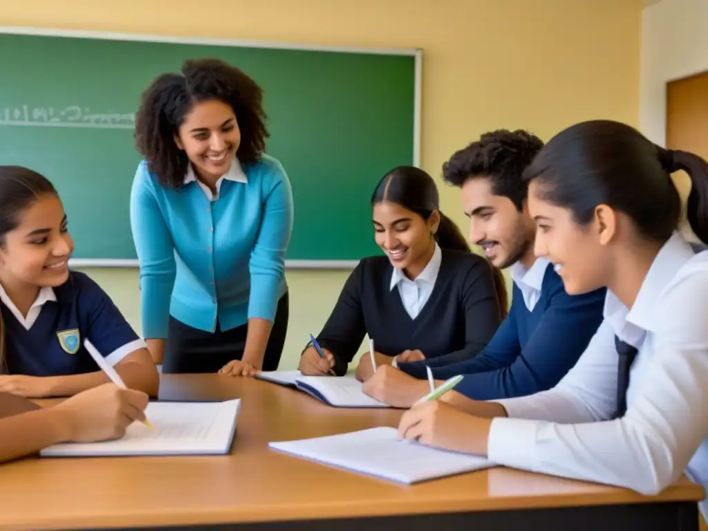 Estudiantes uruguayos colaboran en aula, reflejando el impacto de programas educativos internacionales en Uruguay