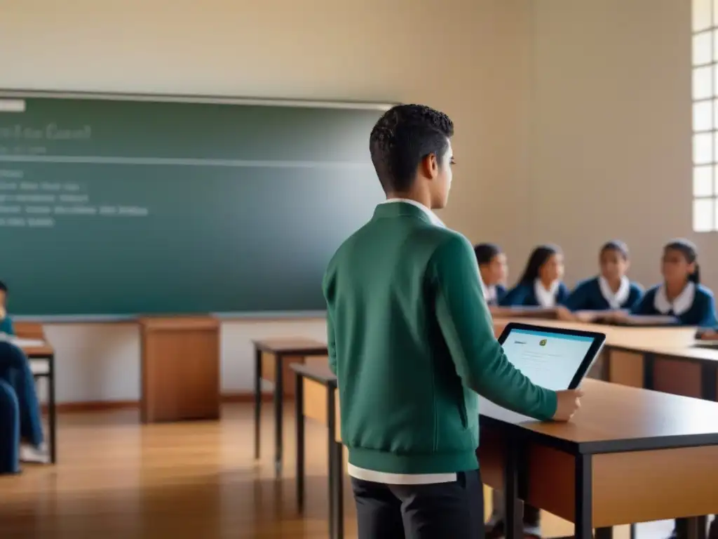 Estudiantes uruguayos participan en un aula minimalista con tecnología moderna, practicando el 'Flipped Classroom en Uruguay'