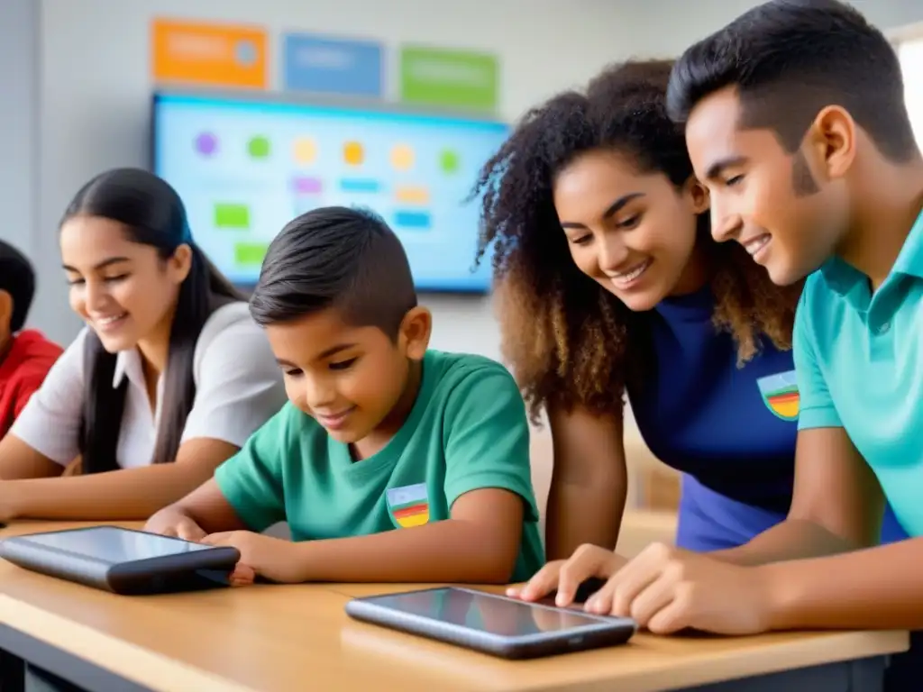 Estudiantes uruguayos disfrutan de la gamificación en la educación uruguaya en un aula moderna con elementos interactivos