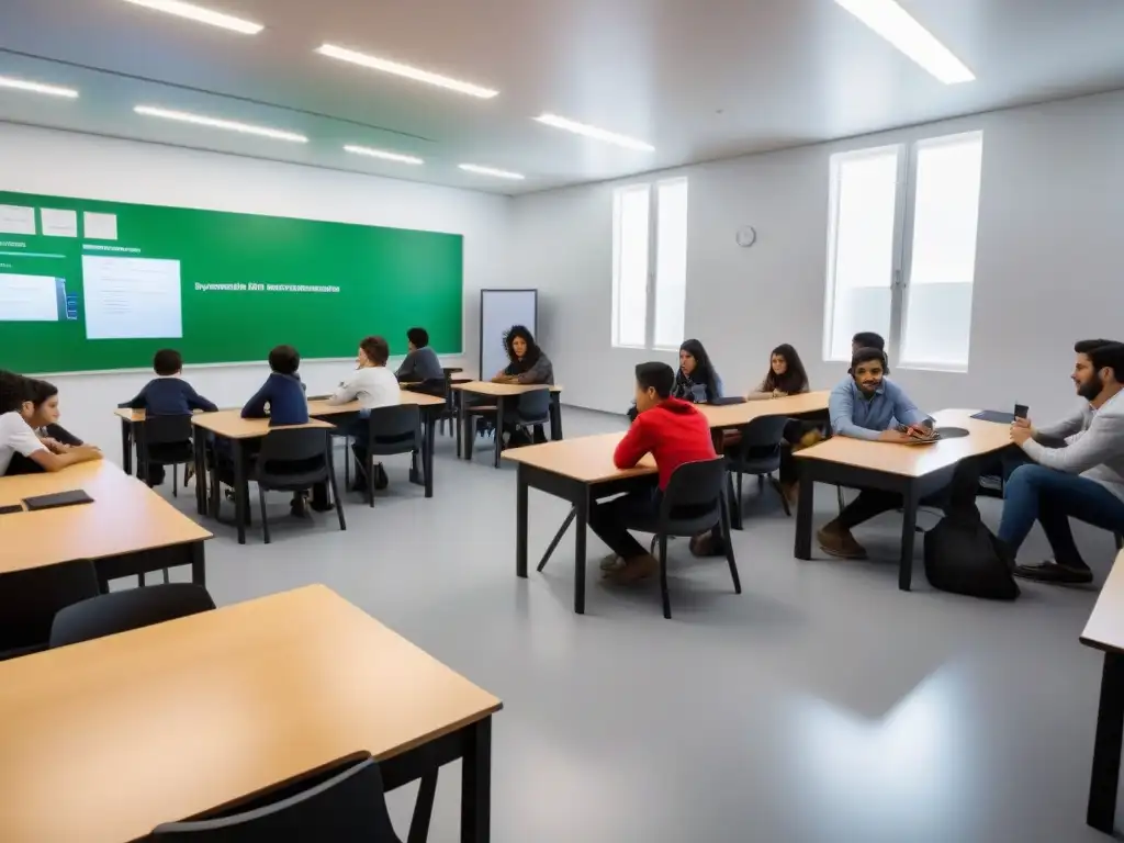 Estudiantes uruguayos disfrutan de la gamificación en educación en un aula moderna y luminosa