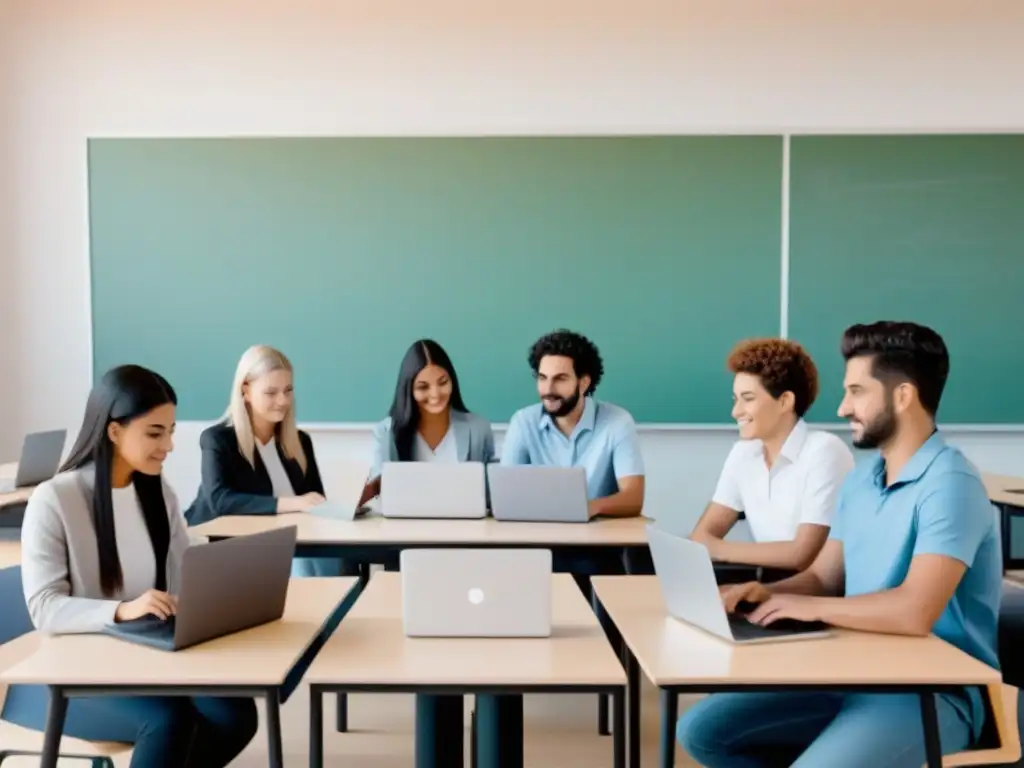 Estudiantes uruguayos colaborando en laptops en aula moderna