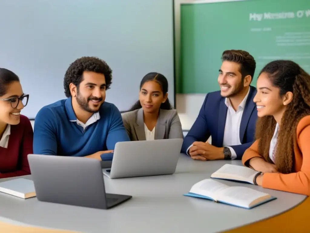 Estudiantes uruguayos colaborando en aula moderna con tecnología educativa de vanguardia, reflejando la equidad en educación superior en Uruguay