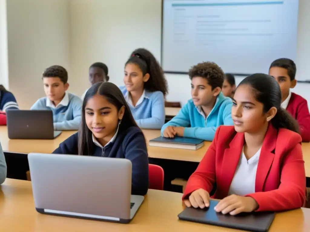 Estudiantes uruguayos en aula moderna con tecnología, fomentando resiliencia y diversidad