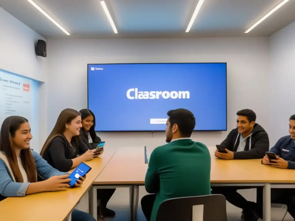 Estudiantes uruguayos debaten en aula moderna con redes sociales educación Uruguay