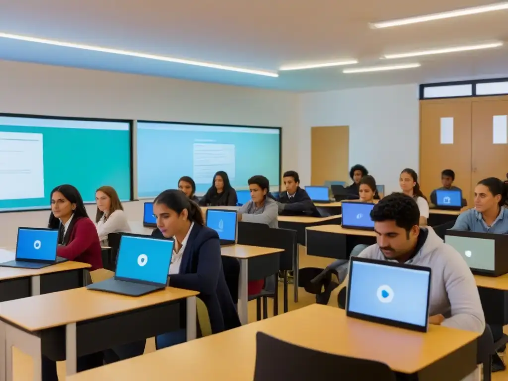 Estudiantes uruguayos en aula moderna usando software educativo open source en laptops minimalistas