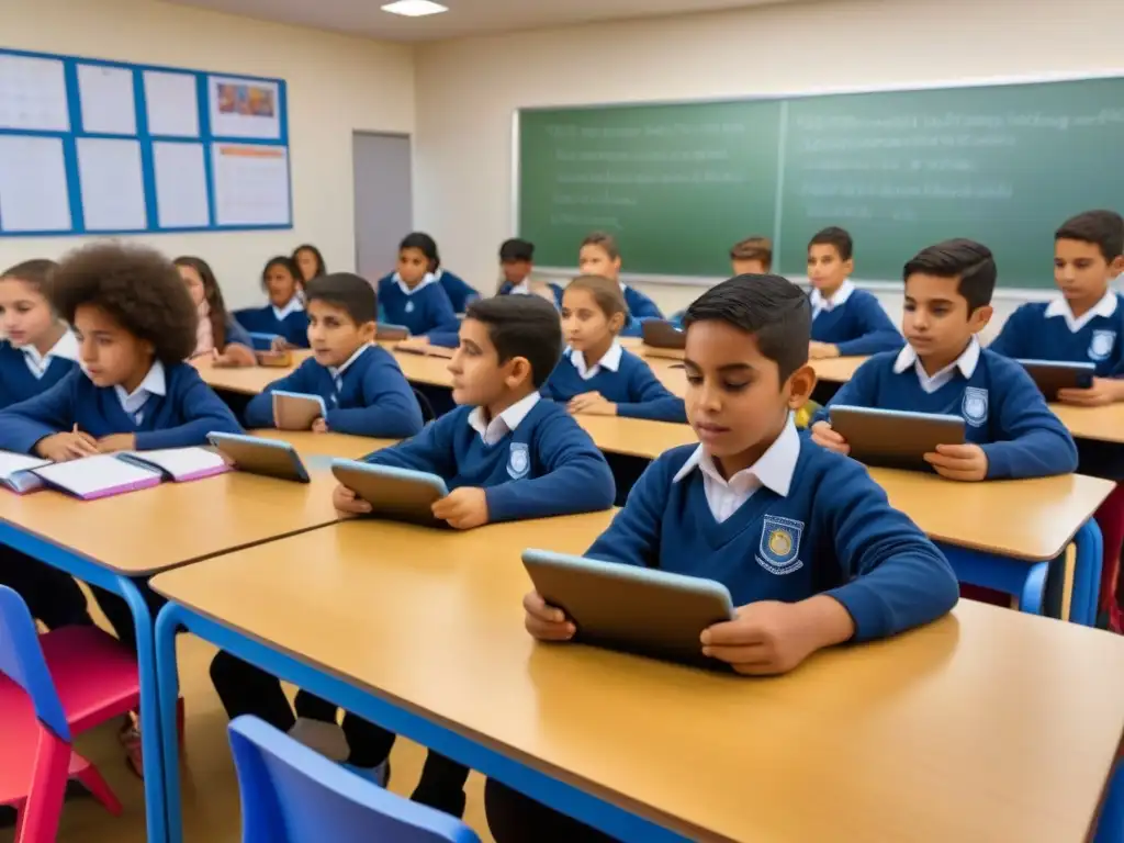 Estudiantes uruguayos usando tablets en un aula moderna con entusiasmo y concentración