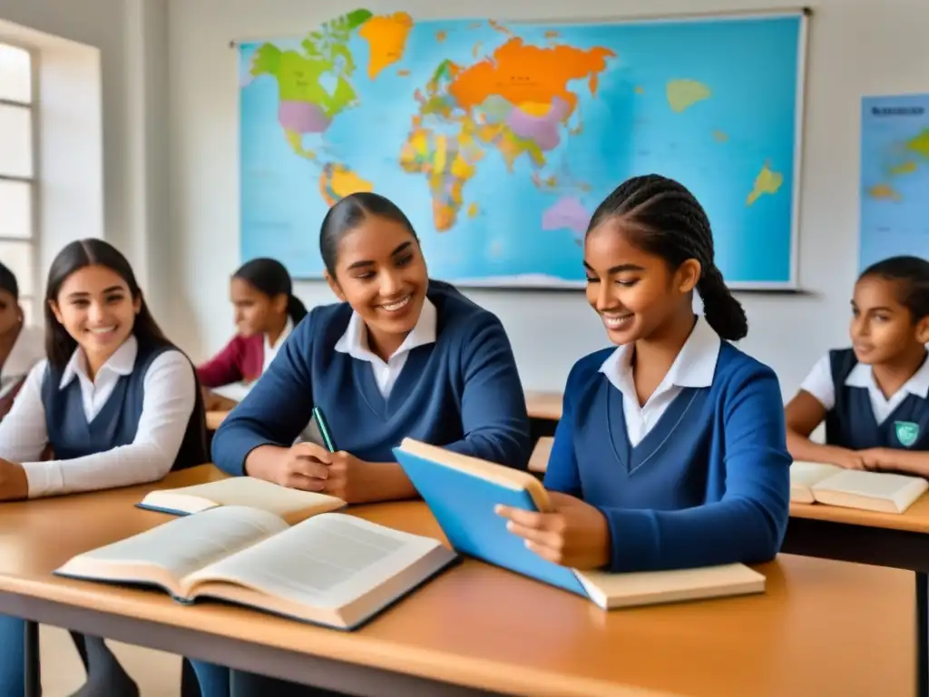 Estudiantes uruguayos colaborando en un aula moderna, reflejando tendencias educativas globales Uruguay