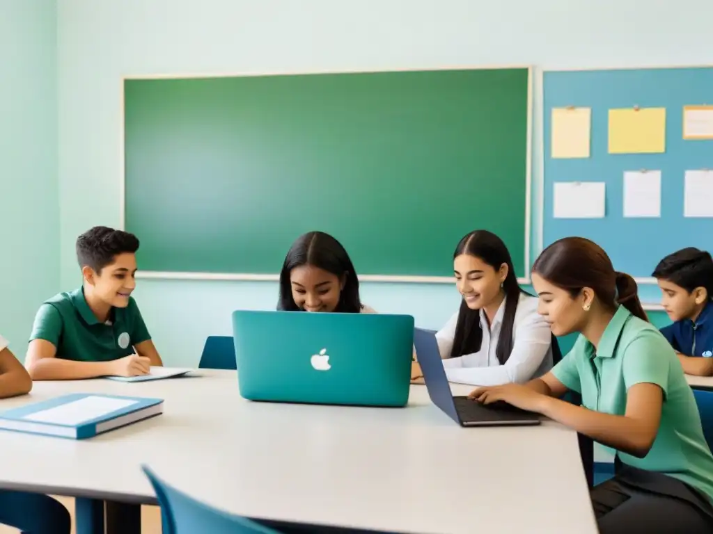 Estudiantes uruguayos colaborando en aula moderna con impacto de revoluciones educativas inspiran reformas Uruguay