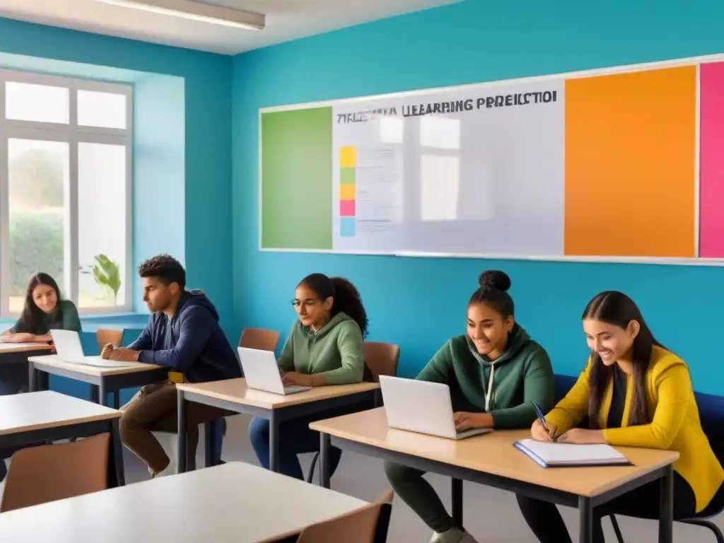 Estudiantes uruguayos colaborando en un aula moderna, con posters educativos coloridos