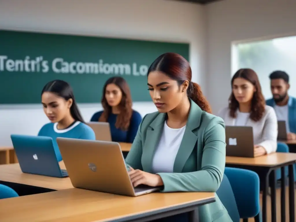 Estudiantes uruguayos en aula moderna usando tecnología y libros