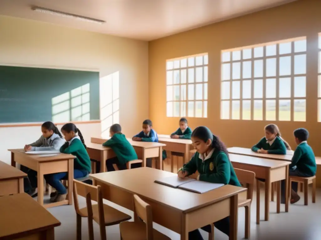 Estudiantes uruguayos en aula serena; resiliencia y educación destacadas
