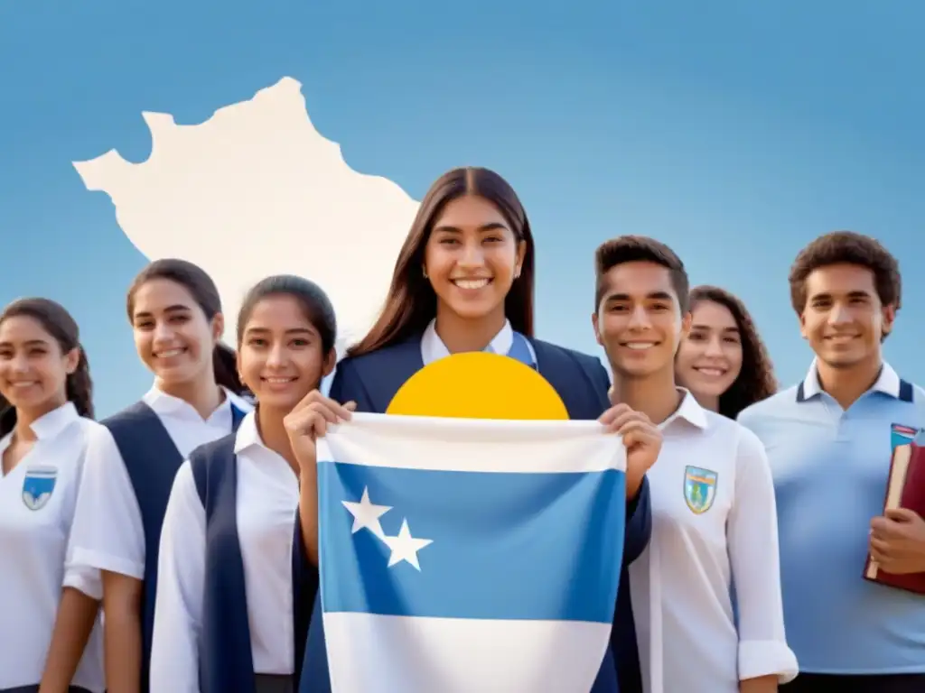 Estudiantes uruguayos con becas para minorías, unidos con la bandera de Uruguay