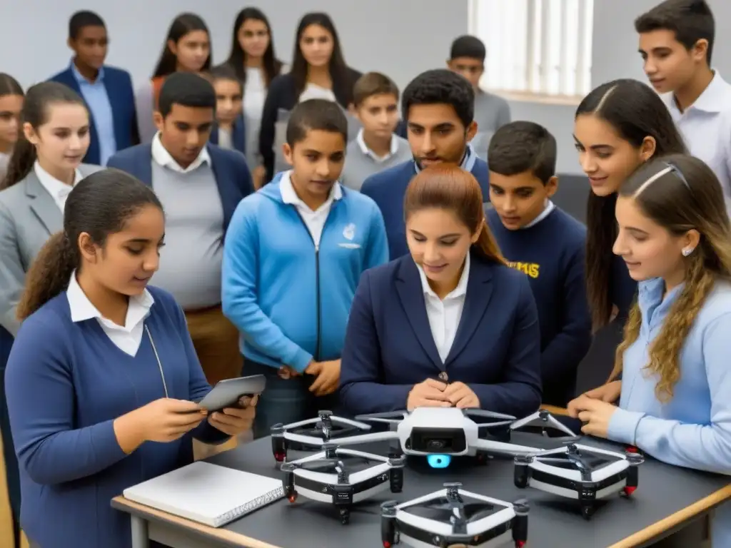 Estudiantes uruguayos disfrutan de beneficios drones educativos en aula moderna e innovadora