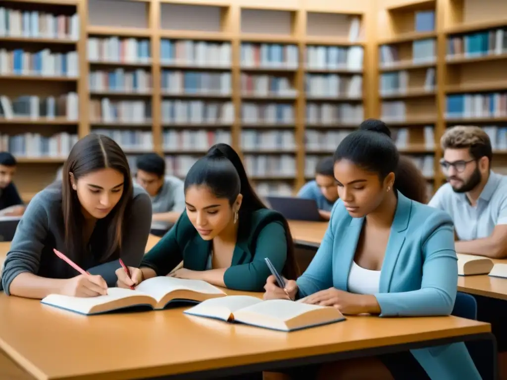 Estudiantes uruguayos colaborando en la biblioteca universitaria, destacando las políticas de bienestar estudiantil en Uruguay