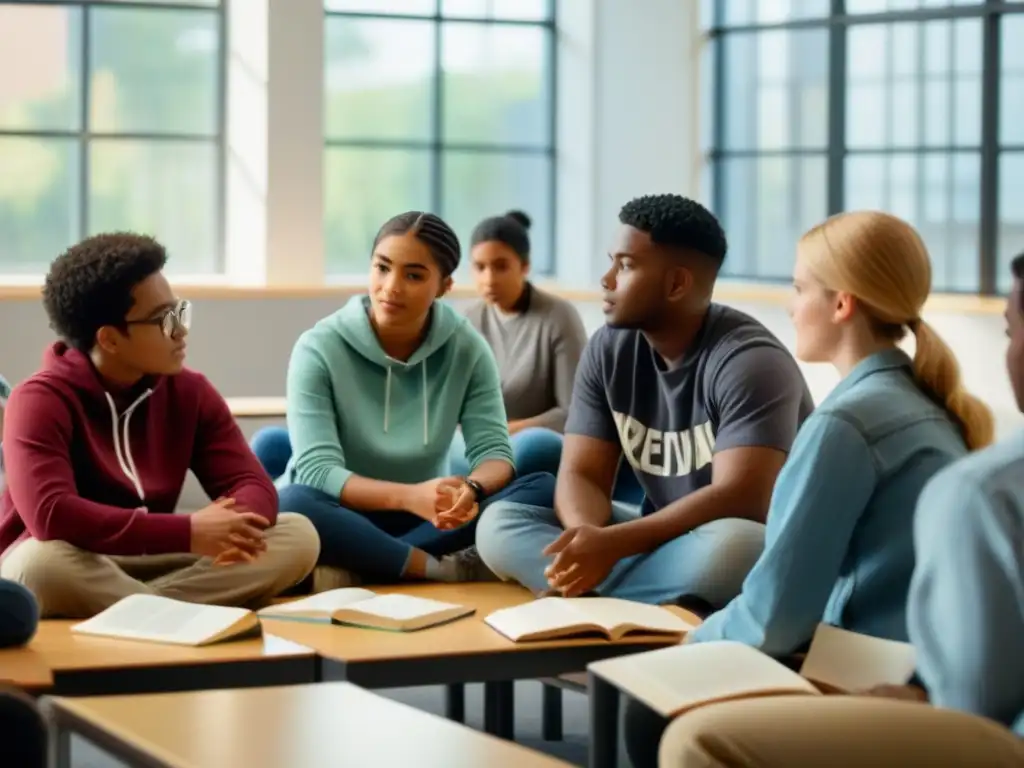 Estudiantes uruguayos debatiendo en círculo con materiales educativos en aula moderna iluminada, reflejando trabajo en equipo educación Uruguay