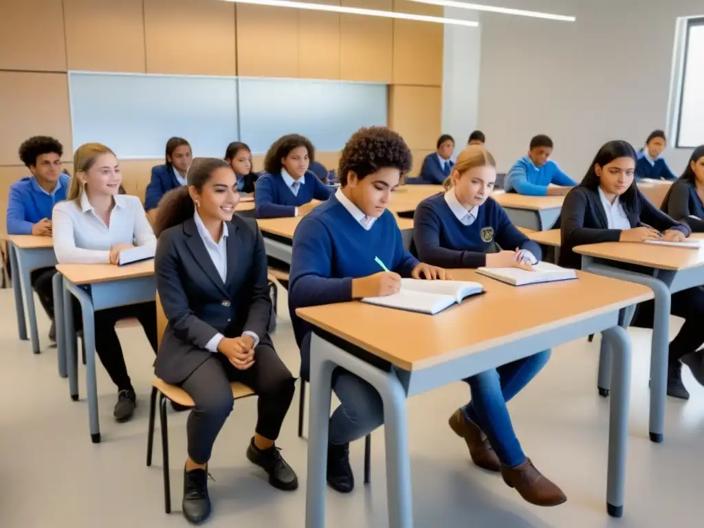 Estudiantes uruguayos comprometidos en actividades educativas en un aula moderna