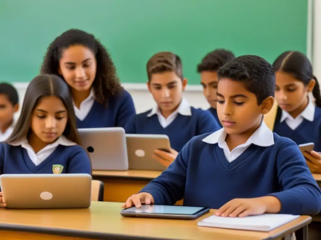 Estudiantes uruguayos concentrados en dispositivos móviles en aula moderna, reflejando la integración de tecnología educativa en Uruguay