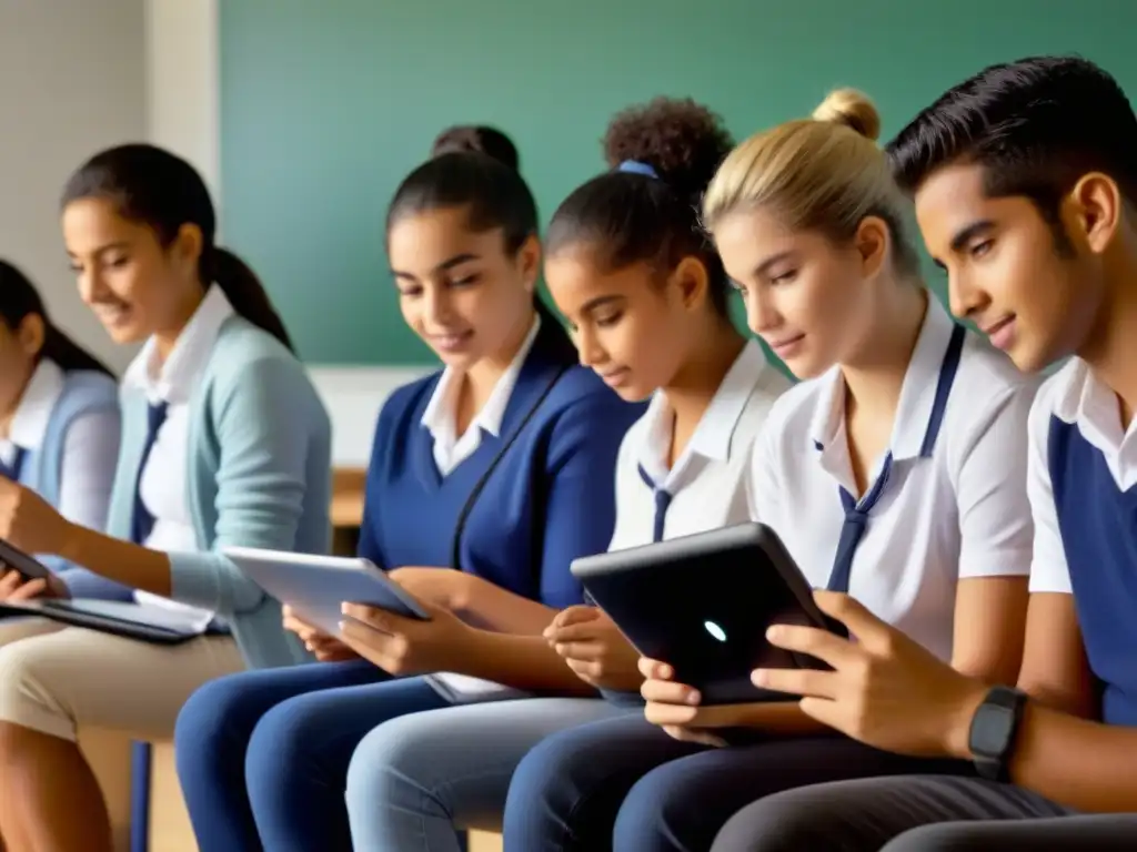 Estudiantes uruguayos concentrados y entusiasmados usando tabletas educativas en aula moderna