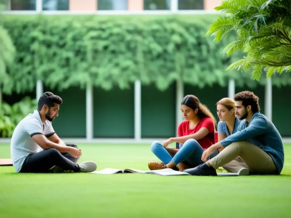 Estudiantes uruguayos concentrados en estudio colaborativo en universidad moderna