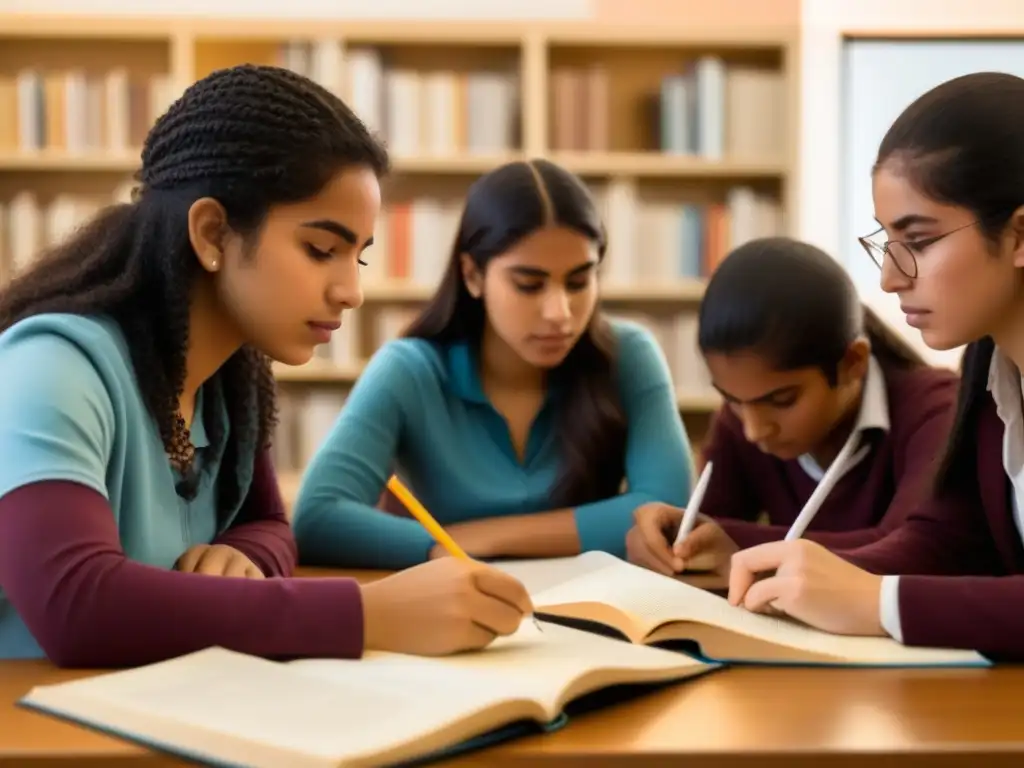 Estudiantes uruguayos concentrados en sus estudios rodeados de libros y materiales educativos en una biblioteca serena