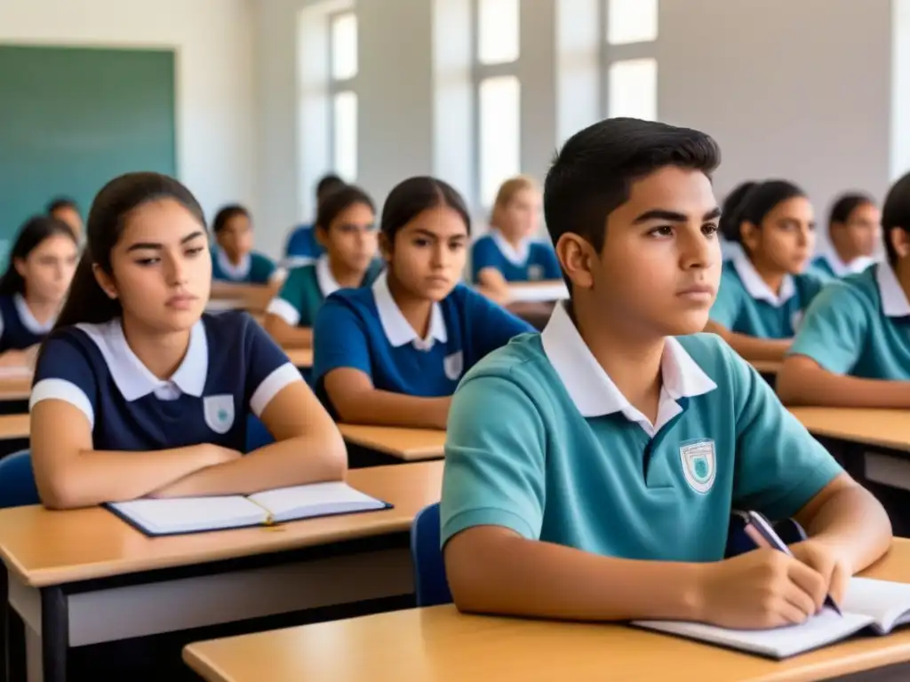 Estudiantes uruguayos concentrados en evaluaciones estándar en un aula moderna y minimalista