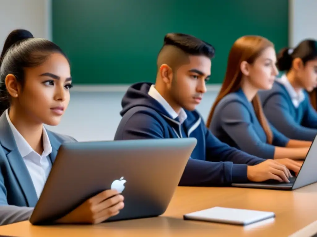 Estudiantes uruguayos concentrados en plataformas educativas gratuitas, en un aula minimalista y moderna