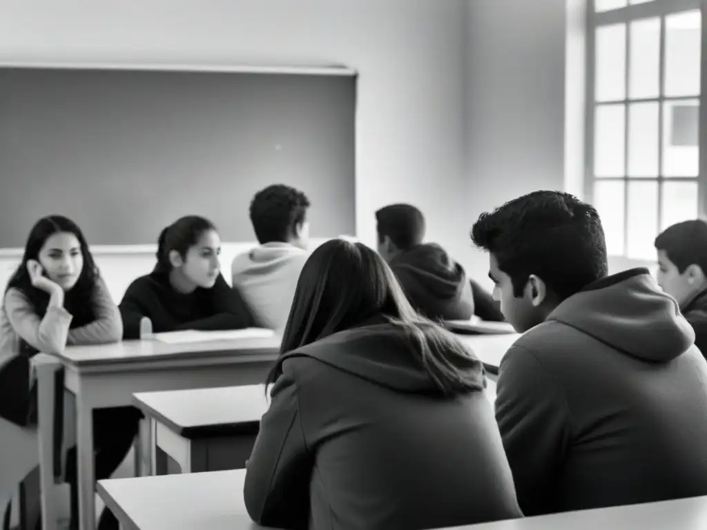 Estudiantes uruguayos concentrados en sus proyectos de fotografía en el aula, mostrando creatividad y compromiso