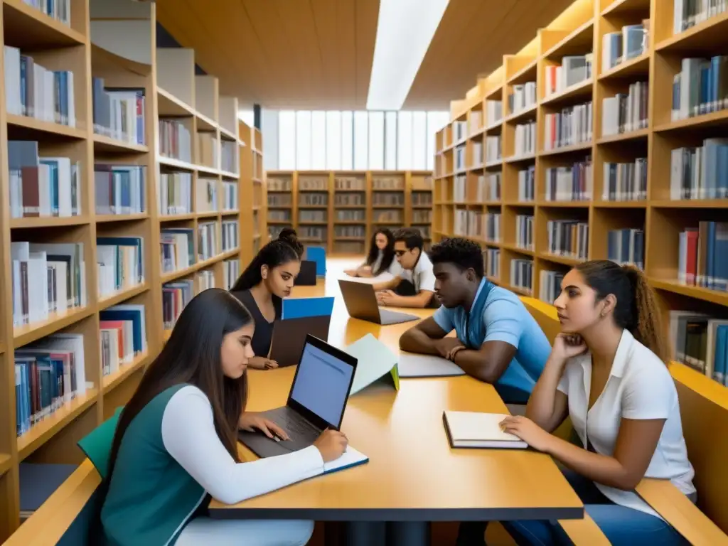 Estudiantes uruguayos diversos estudian juntos en biblioteca universitaria