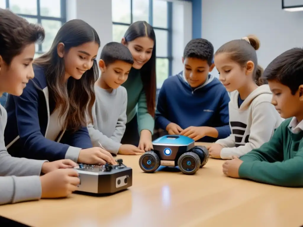 Estudiantes uruguayos de diversas edades y orígenes trabajan juntos con kits de robótica en un aula moderna y equipada