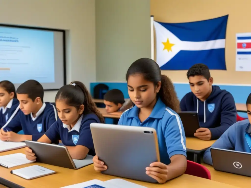 Estudiantes uruguayos colaboran con Edmodo en educación, rodeados de tecnología y cultura educativa